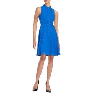Karl Lagerfeld Cobalt Shirred Chiffon Dress‎ Gold Buttons Size M Sleeveless Midi